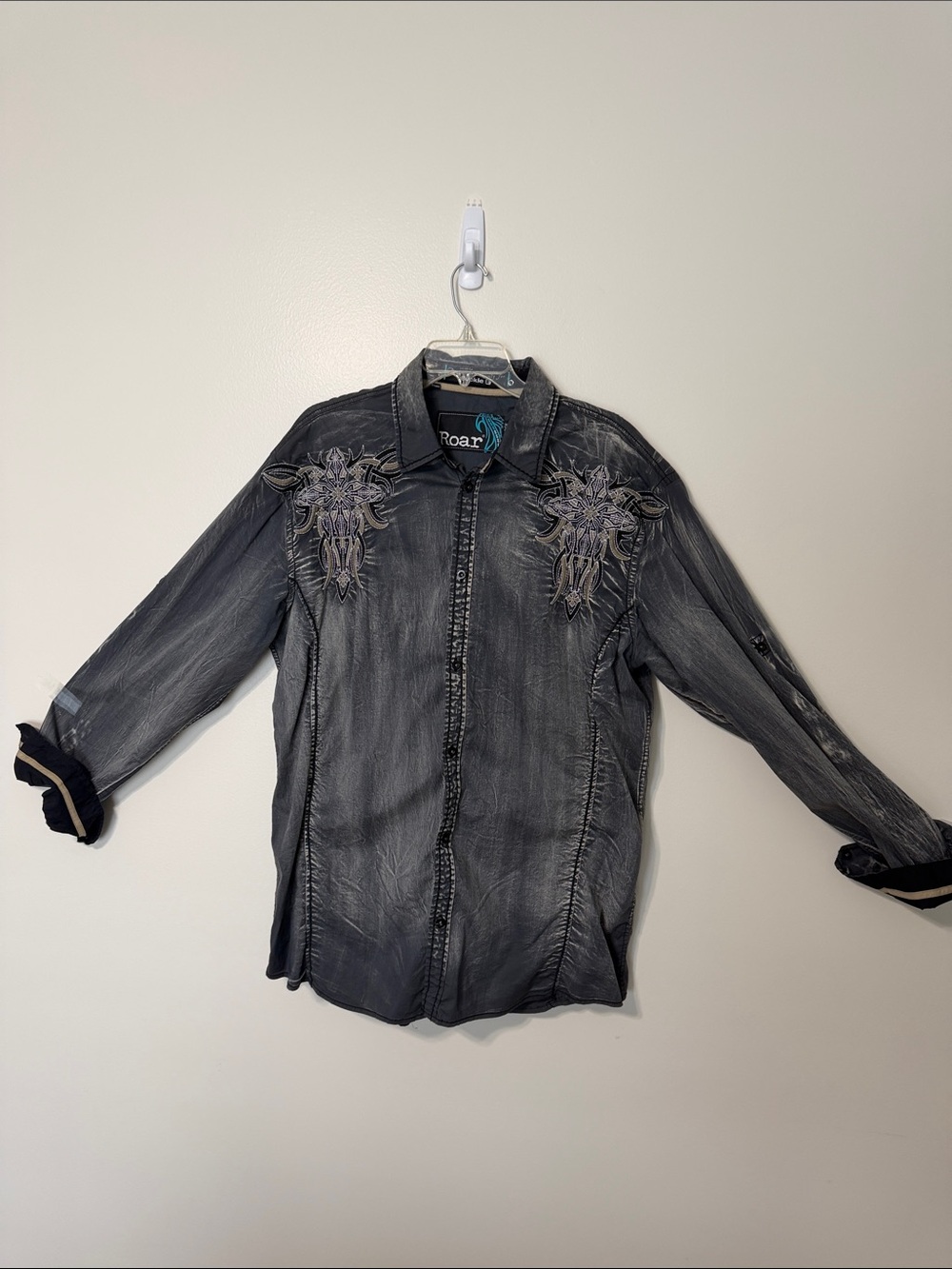 Roar Men's Washed Black Button-Down Shirt with Embroidered Shoulders